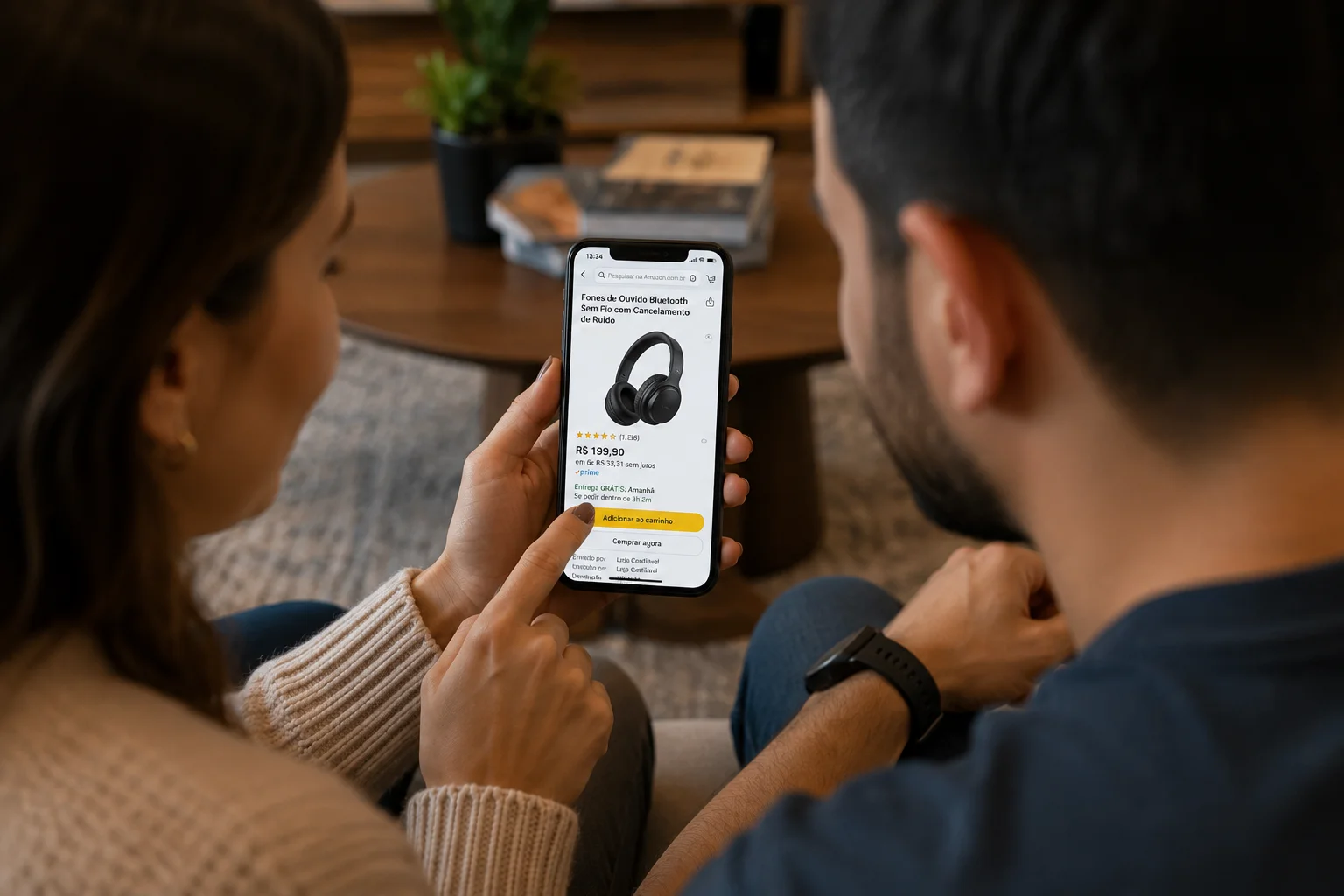 essoas avaliando um produto pelo celular antes de comprar