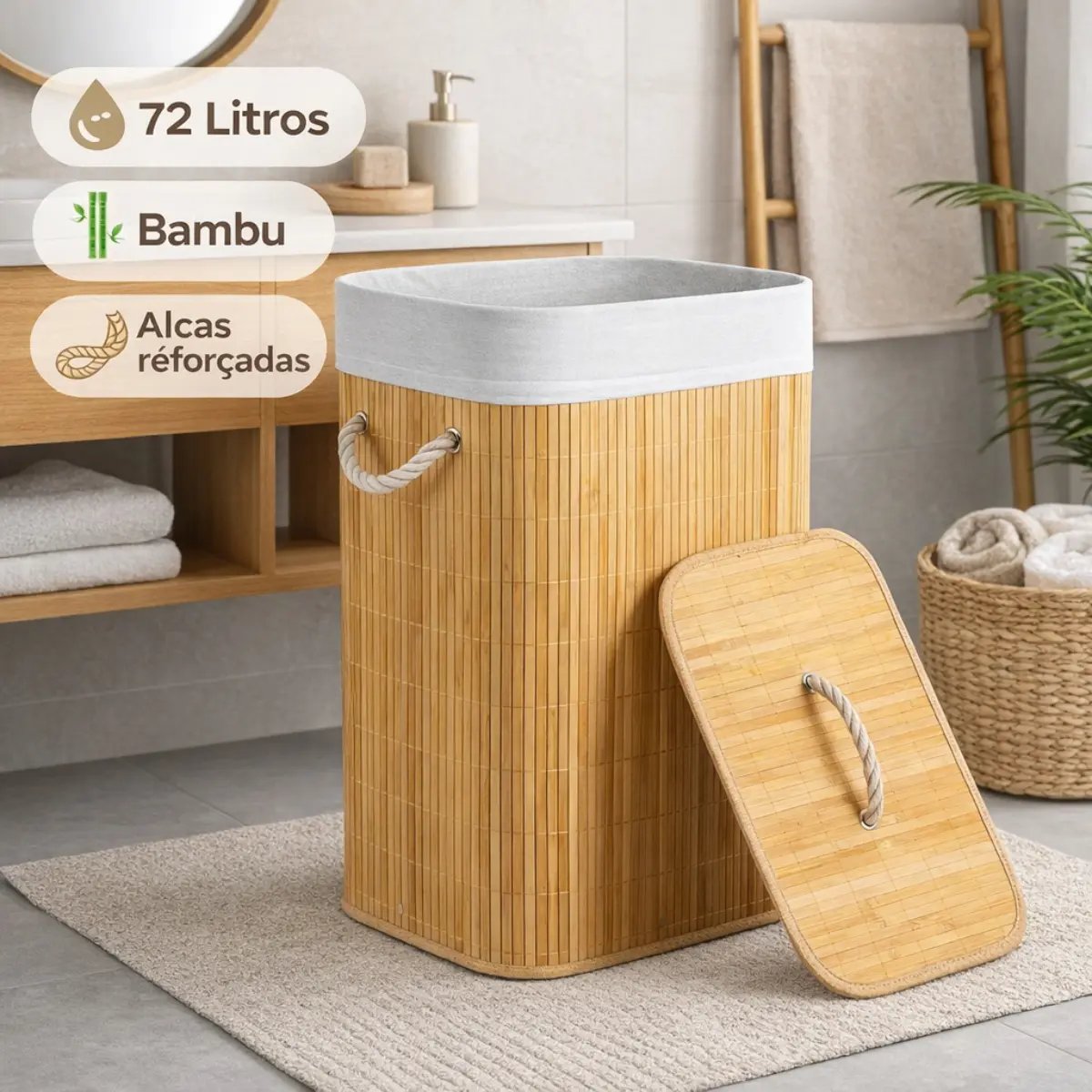 Cesto De Roupa Suja Bambu Dobrável Com Tampa Alças 72 Litros - Imagem 4