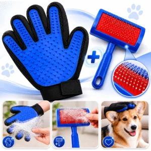 Kit Escova Rasqueadeira Pet + Luva Removedora de Pelos para Cães e Gatos
