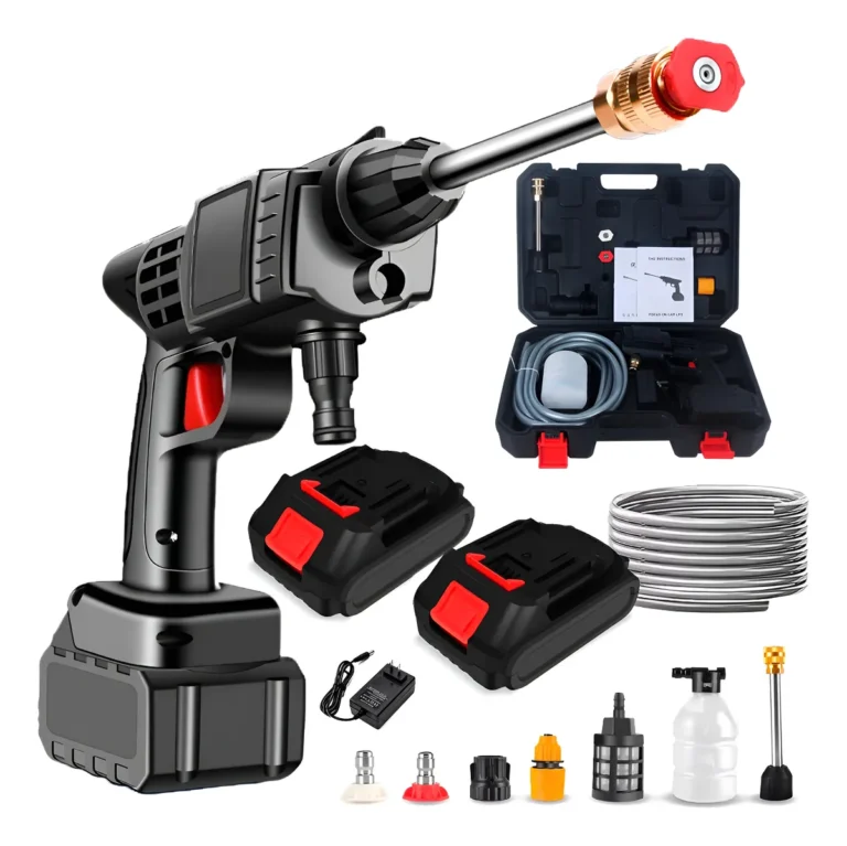 Lavadora Jato Portátil MYMOTORS 1000W preta com 2 baterias, mangueira e acessórios para limpeza.