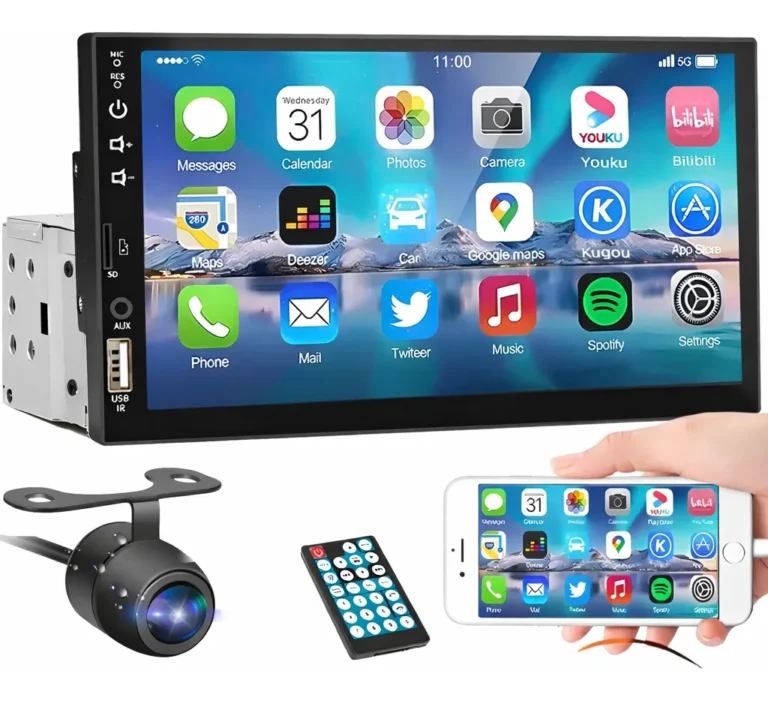Central multimídia MP5 1 DIN com tela touch de 7 polegadas, Bluetooth, GPS e espelhamento Android e iOS