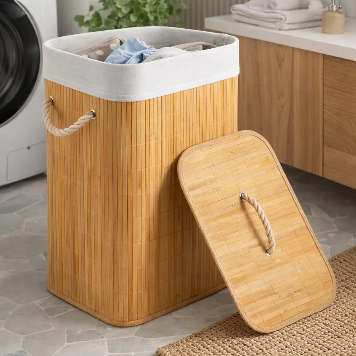 Cesto De Roupa Suja Bambu Dobrável Com Tampa Alças 72 Litros - Imagem 3