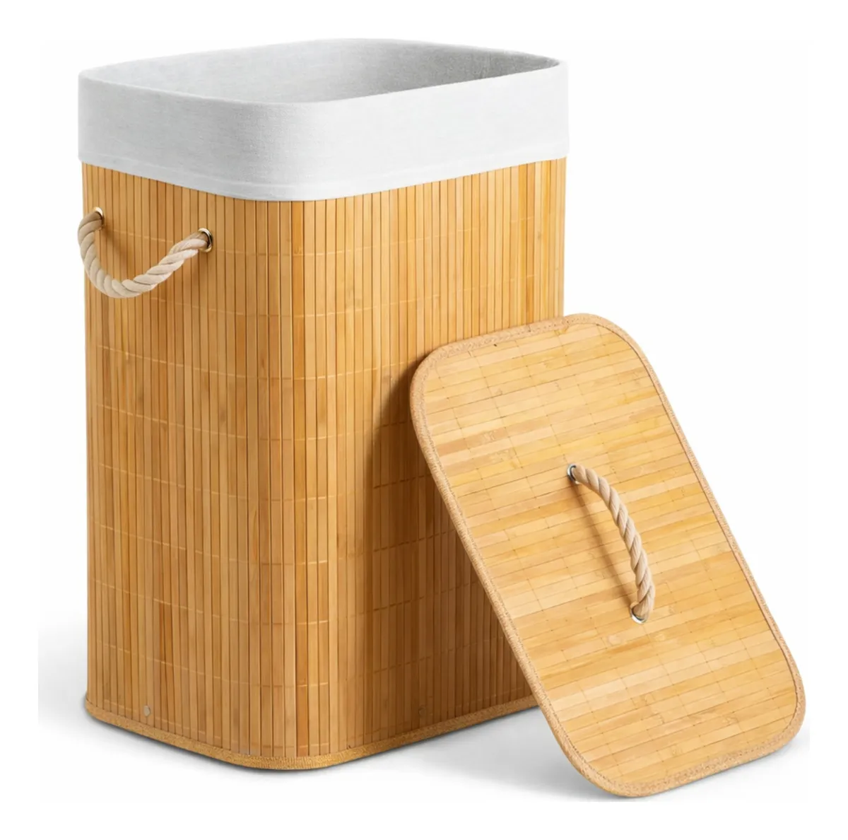 Cesto De Roupa Suja Bambu Dobrável Com Tampa Alças 72 Litros - Imagem 6