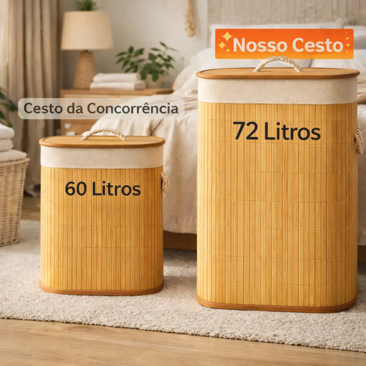 Cesto De Roupa Suja Bambu Dobrável Com Tampa Alças 72 Litros - Imagem 2