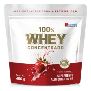 Whey Protein Growth Supplements 100% Whey Concentrado 450g sabor morango.