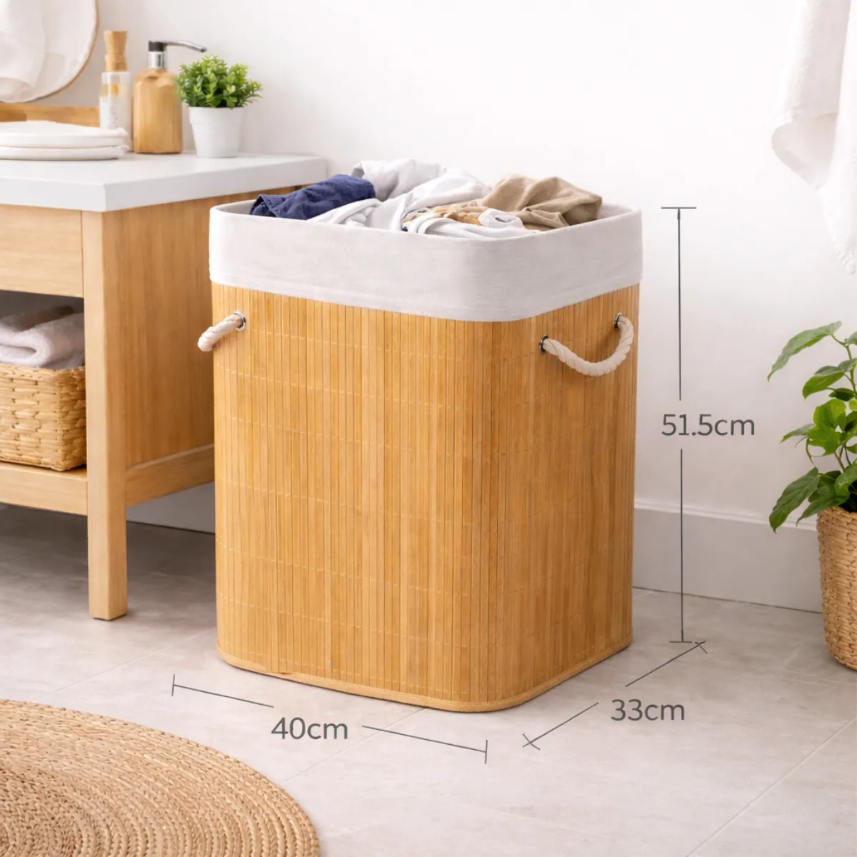 Cesto De Roupa Suja Bambu Dobrável Com Tampa Alças 72 Litros - Imagem 5