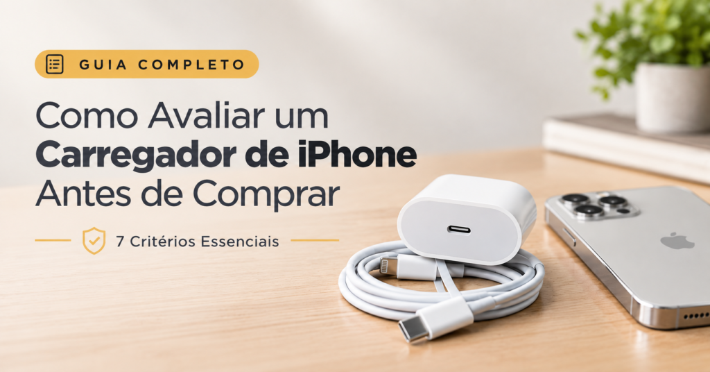 Carregador Apple 20W USB-C original branco para iPhone em cima de mesa de madeira
