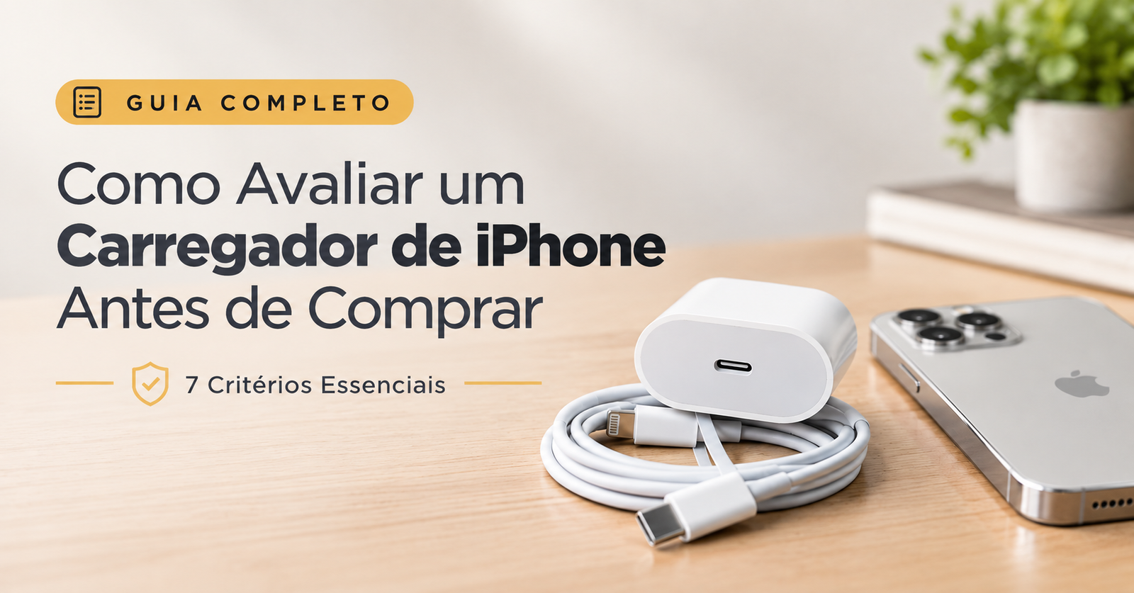 Carregador Apple 20W USB-C original branco para iPhone em cima de mesa de madeira